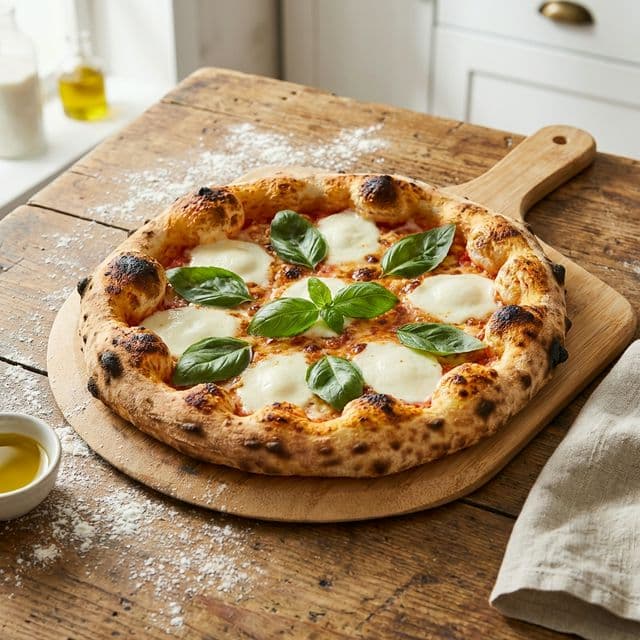 A perfectly baked pizza with a bubbly crust on a rustic peel