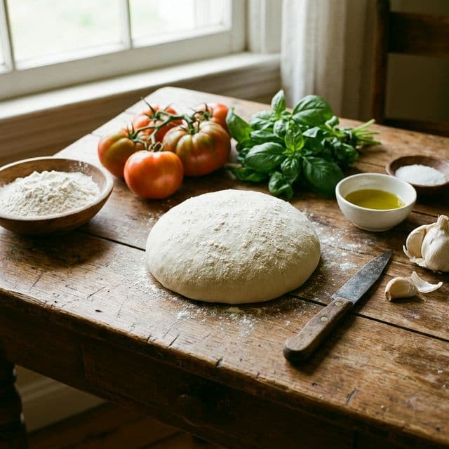 A rustic wooden table with fresh homemade pizza dough on a floured surface