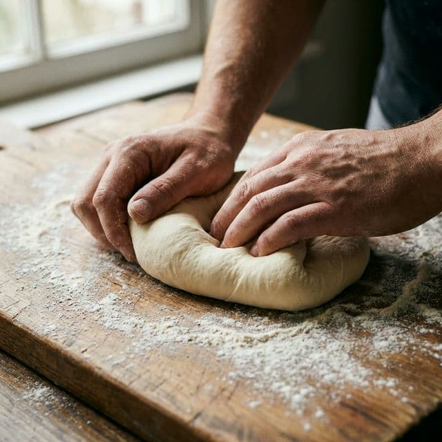 Close up of hands kneading soft, smooth pizza dough on a floured wooden board