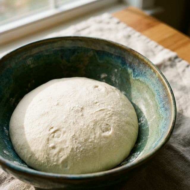 Smooth pizza dough rising in a bowl