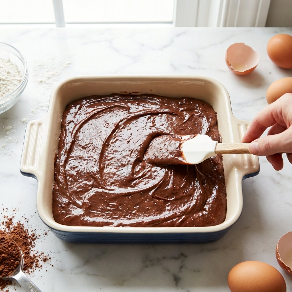 Spreading brownie batter in pan