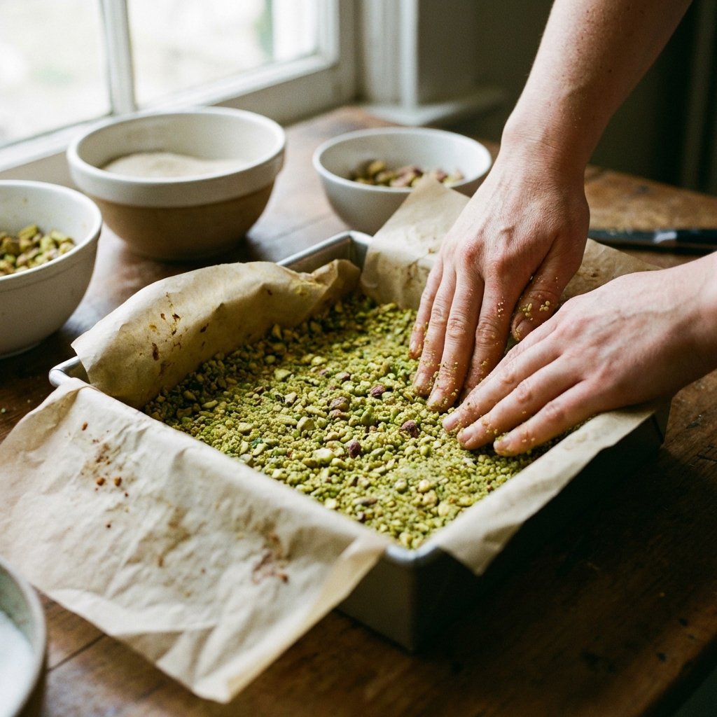 Pressing pistachio crust into pan