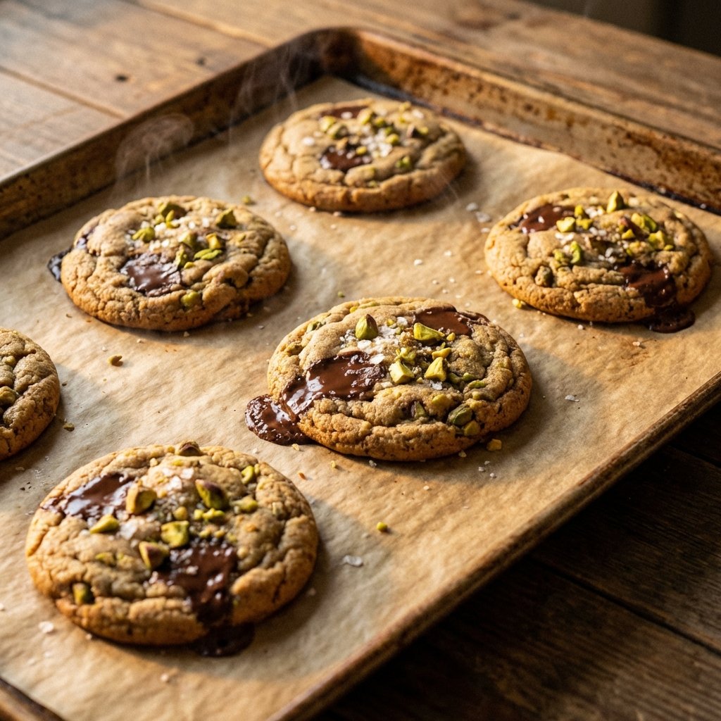 Baked pistachio cookies on tray