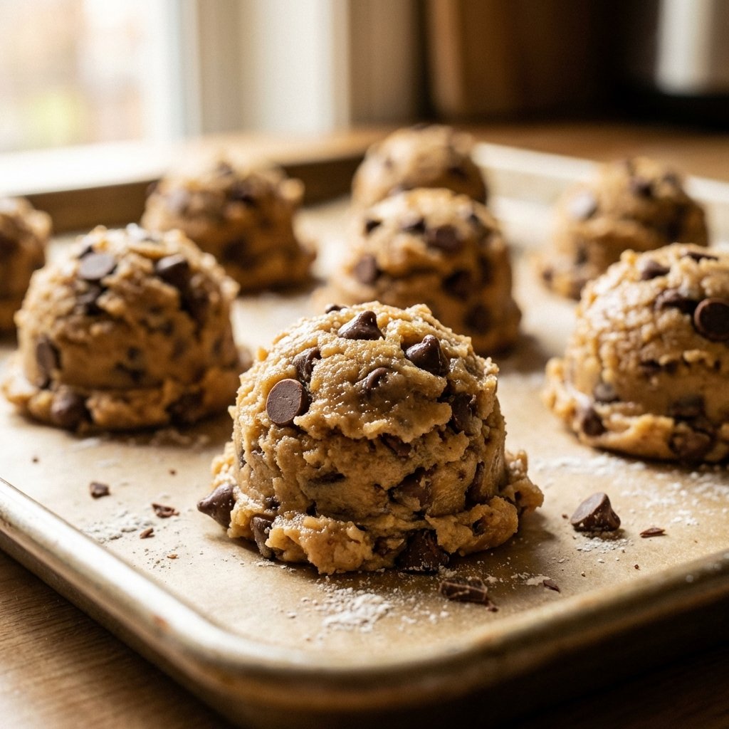 Thick cookie dough balls on baking sheet