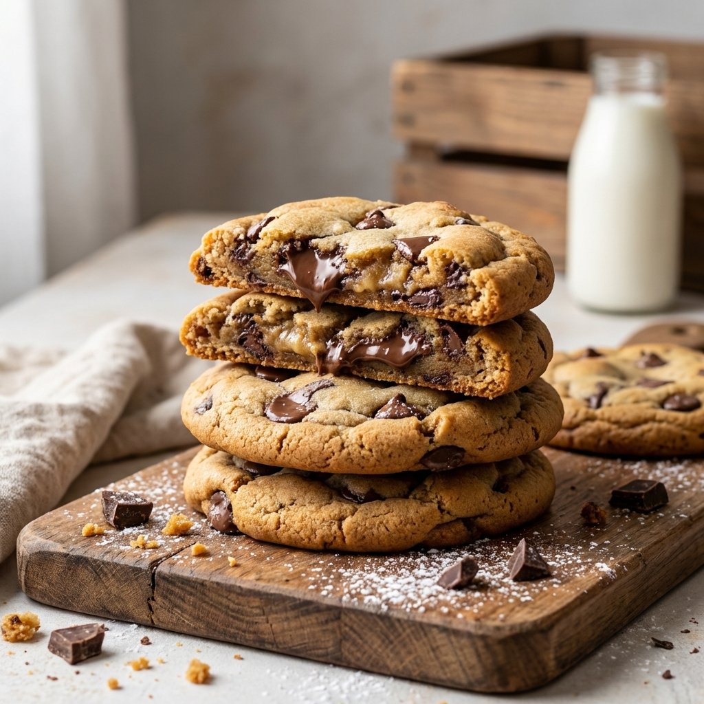 Stack of thick Crumbl-style chocolate chip cookies
