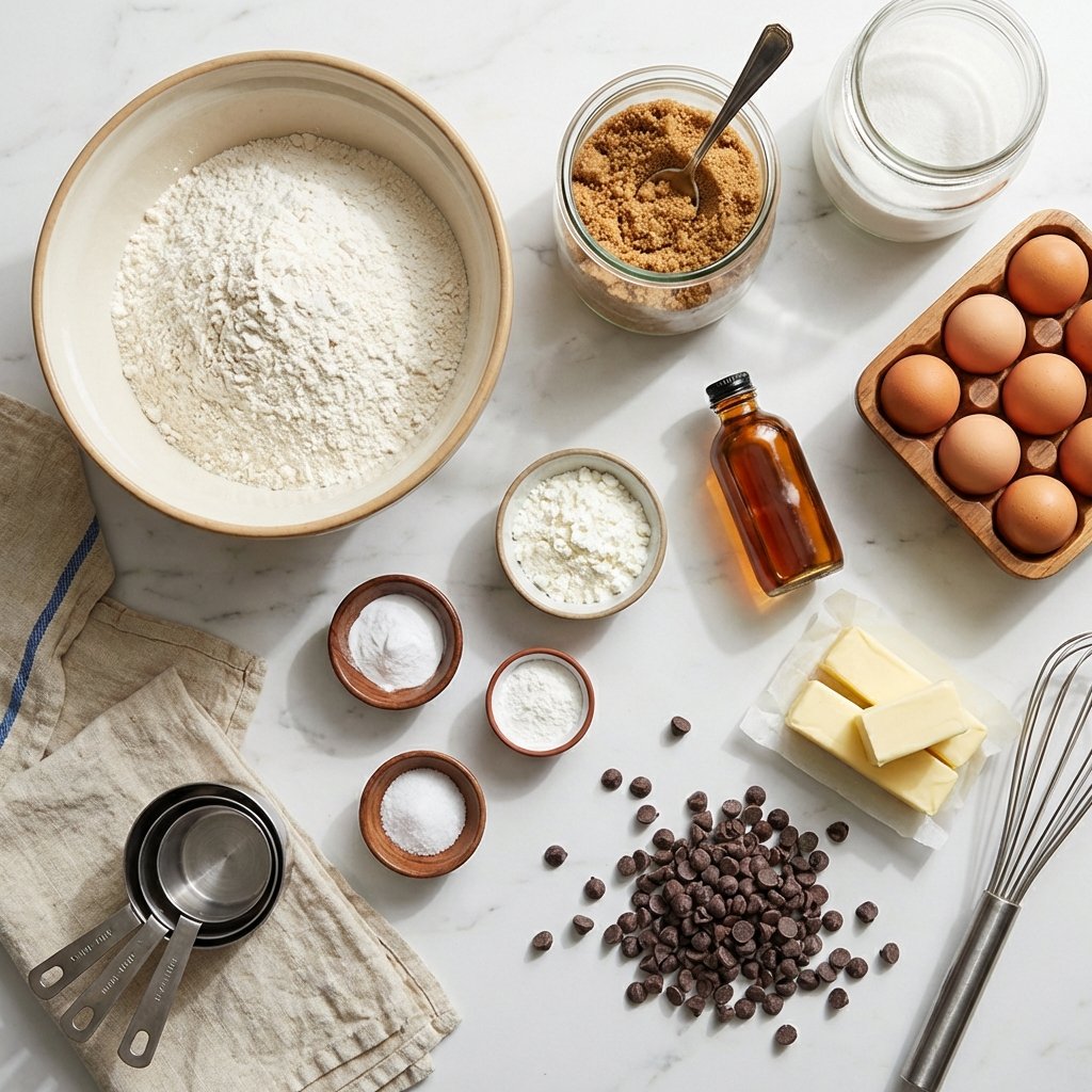 Cookie baking ingredients laid out on marble counter