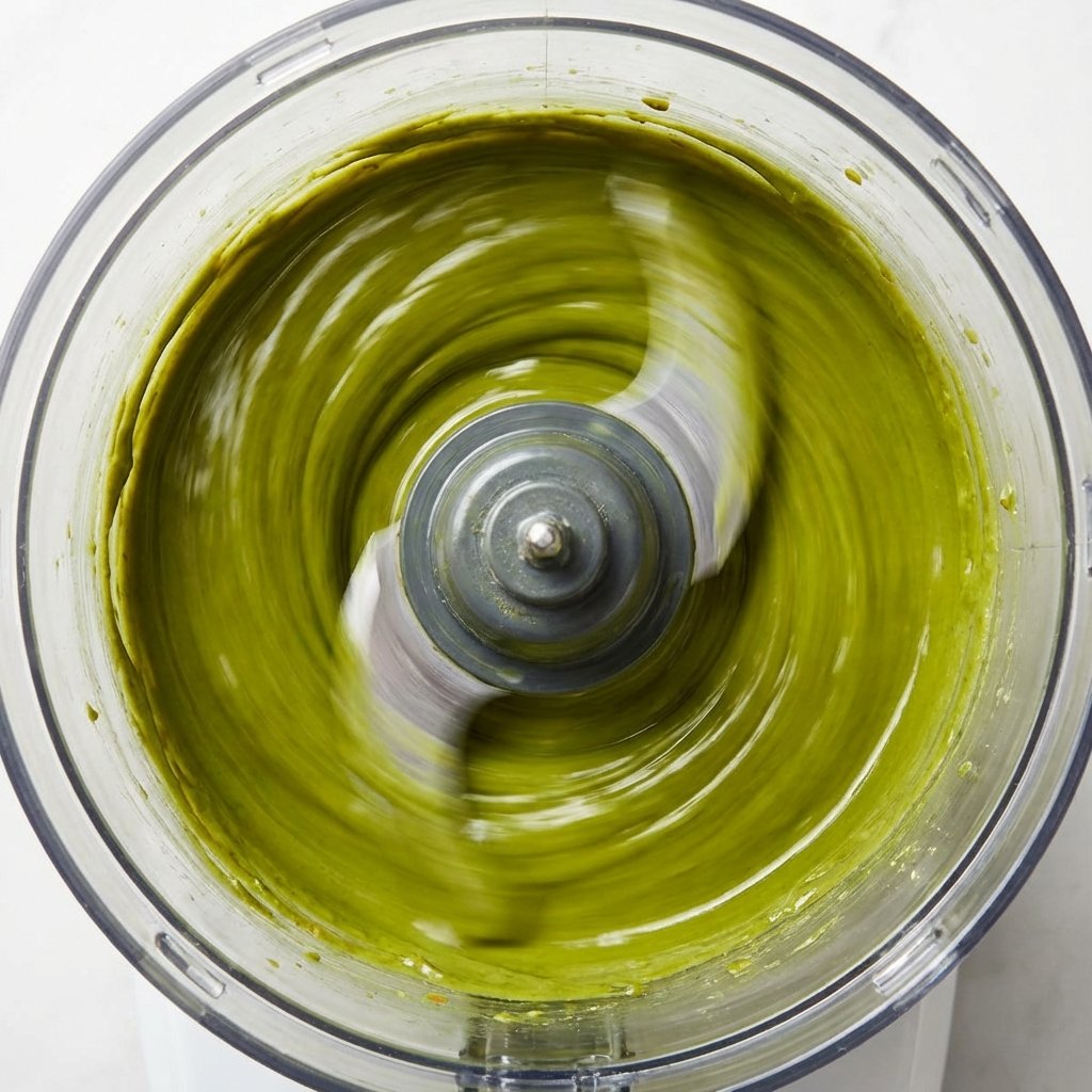 Creamy pistachio butter in processor