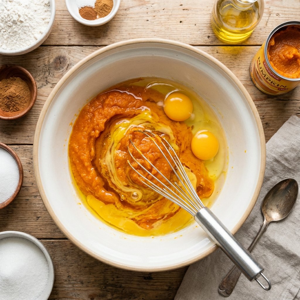 Mixing pumpkin puree with eggs and oil