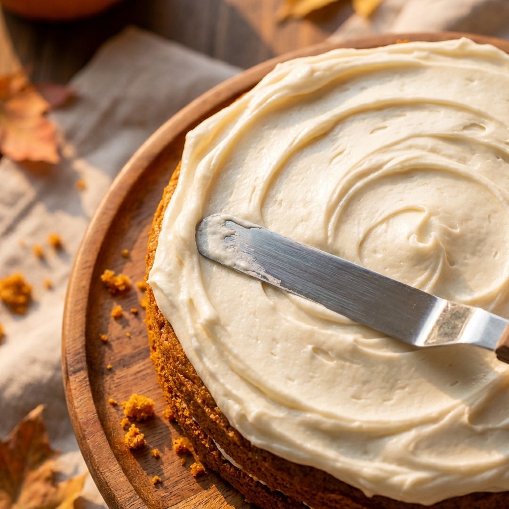 Swirling cream cheese frosting on pumpkin cake