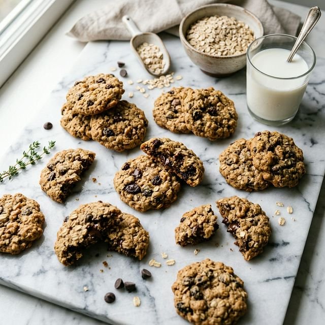 A beautiful flat lay of freshly baked oatmeal cookies